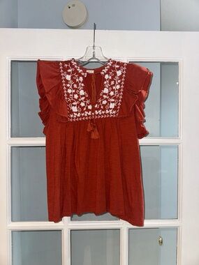 Keep In Touch Shirt Womens Medium Rust Orange Embroidered Floral Boho Tassel Top